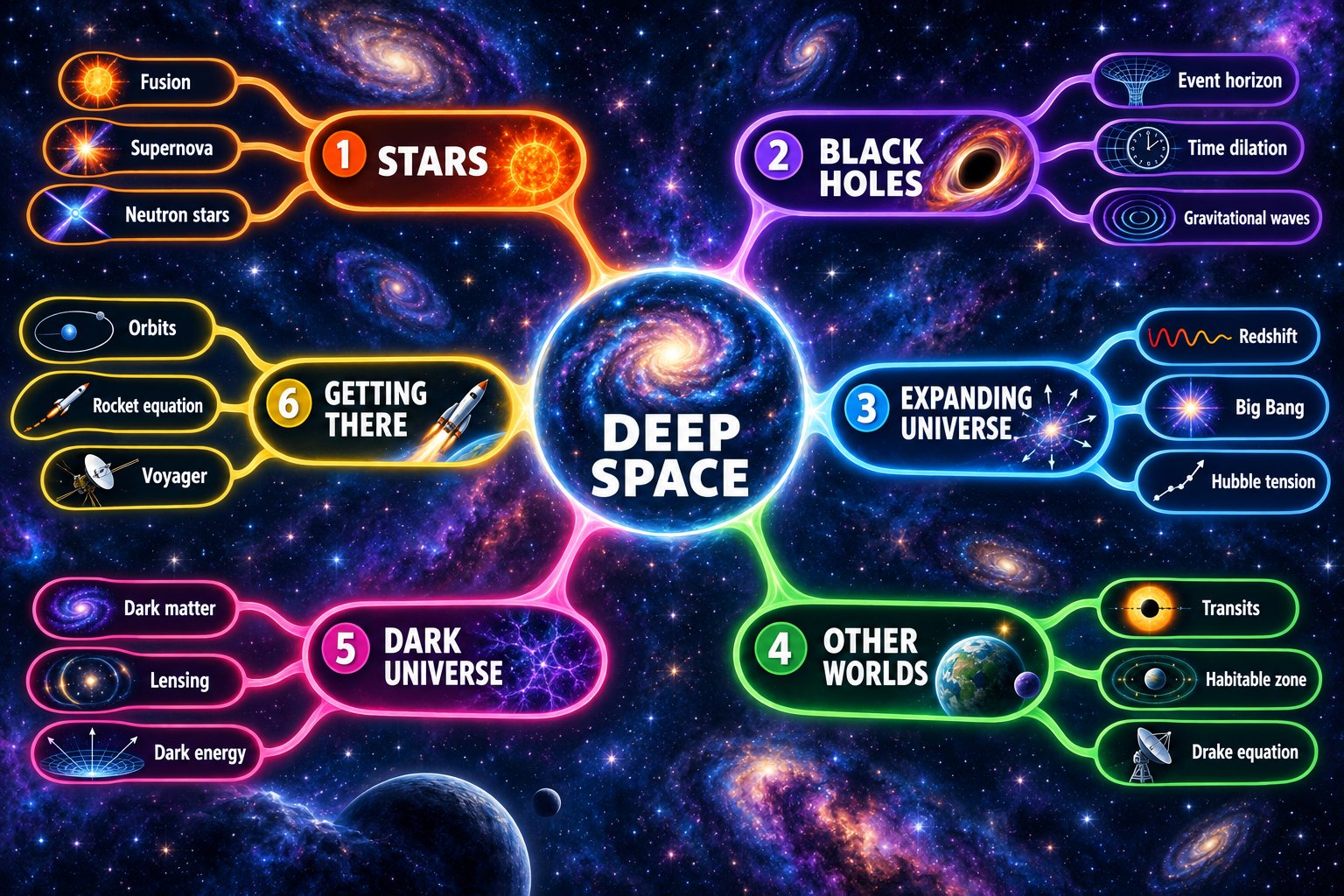 A mind map of Deep Space: six branches for stars, black holes, the expanding universe, other worlds, the dark universe and spaceflight