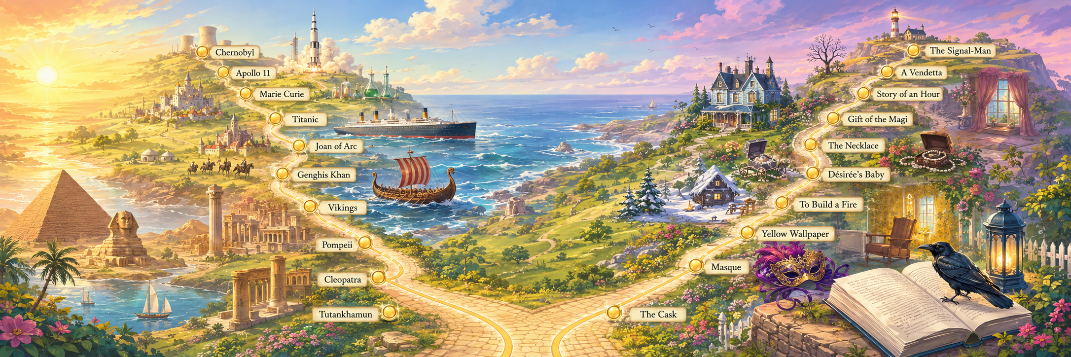 An illustrated map with two winding roads — one through history, one through short stories.