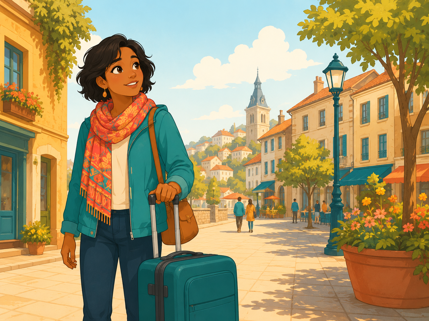 Mia arrives in a new city with her suitcase, ready to start her English journey.