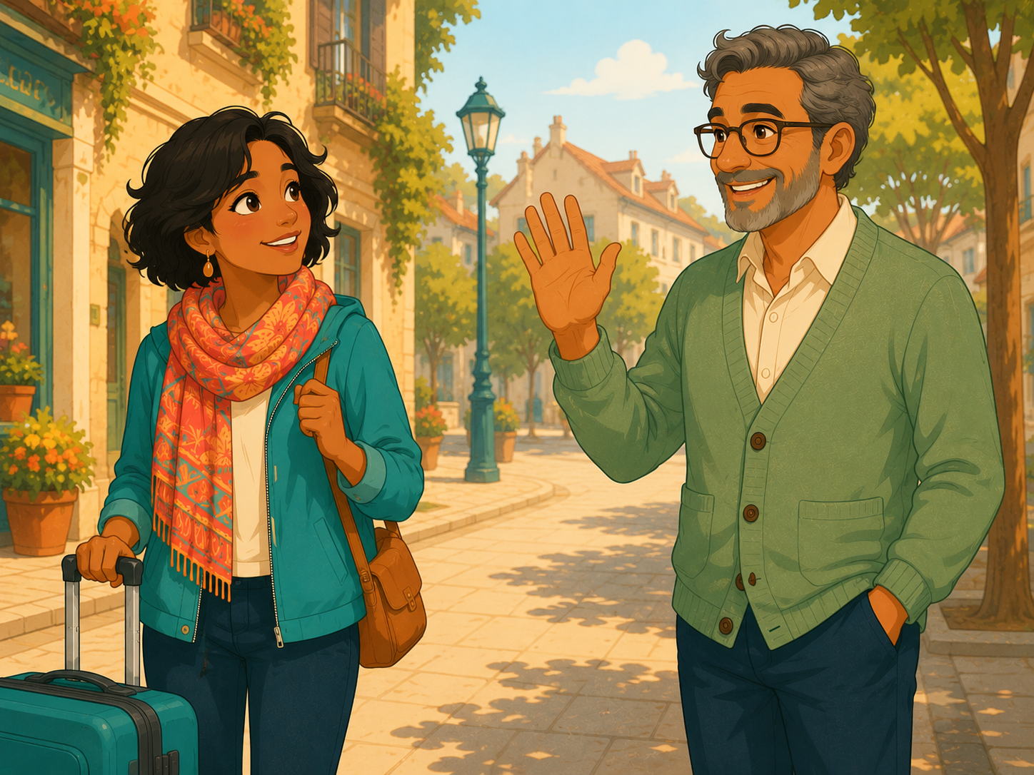 A friendly neighbour, Tom, waves hello to Mia in the street.
