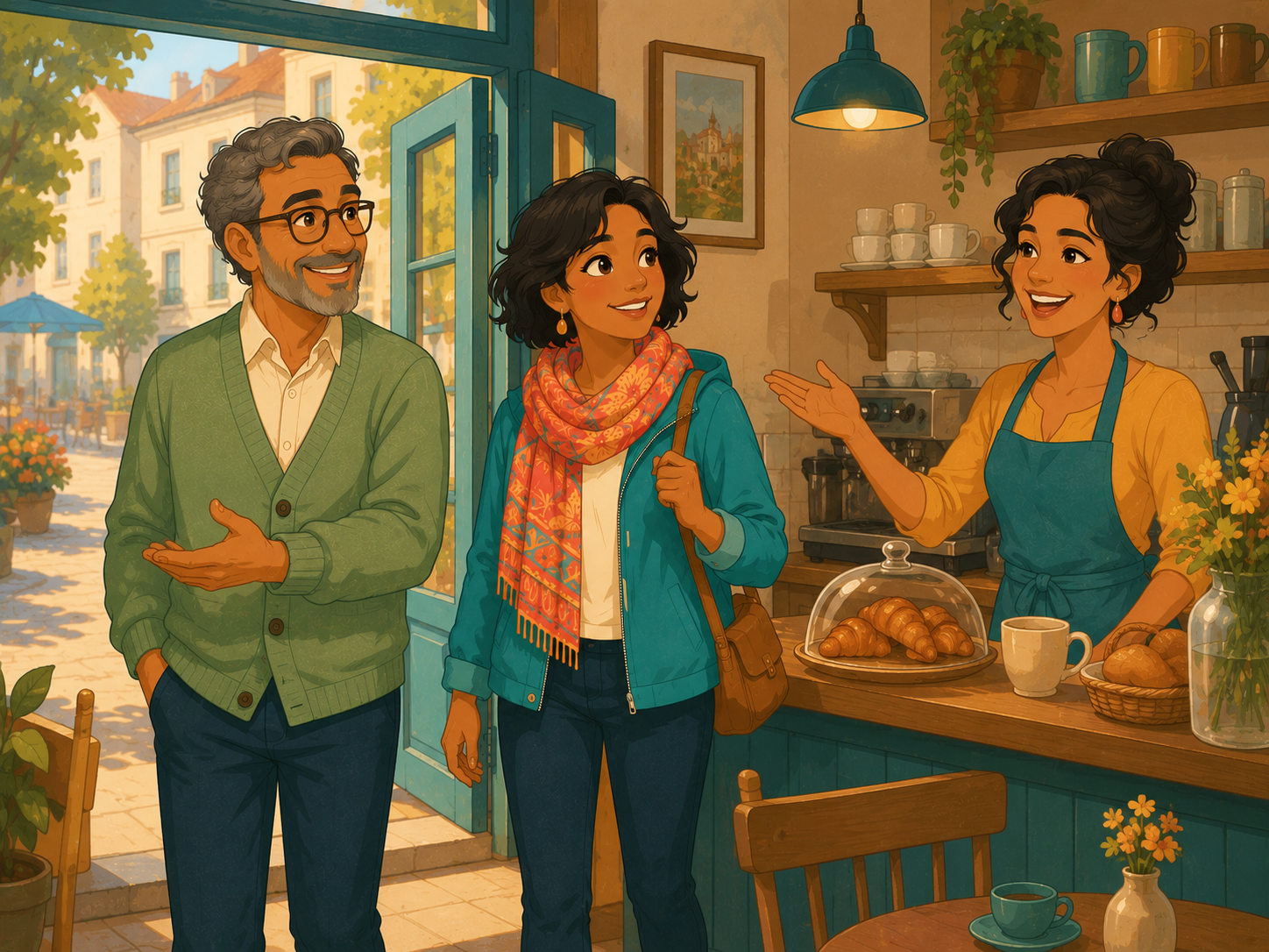 Tom takes Mia to a small, warm café. Cups and bread on the counter.