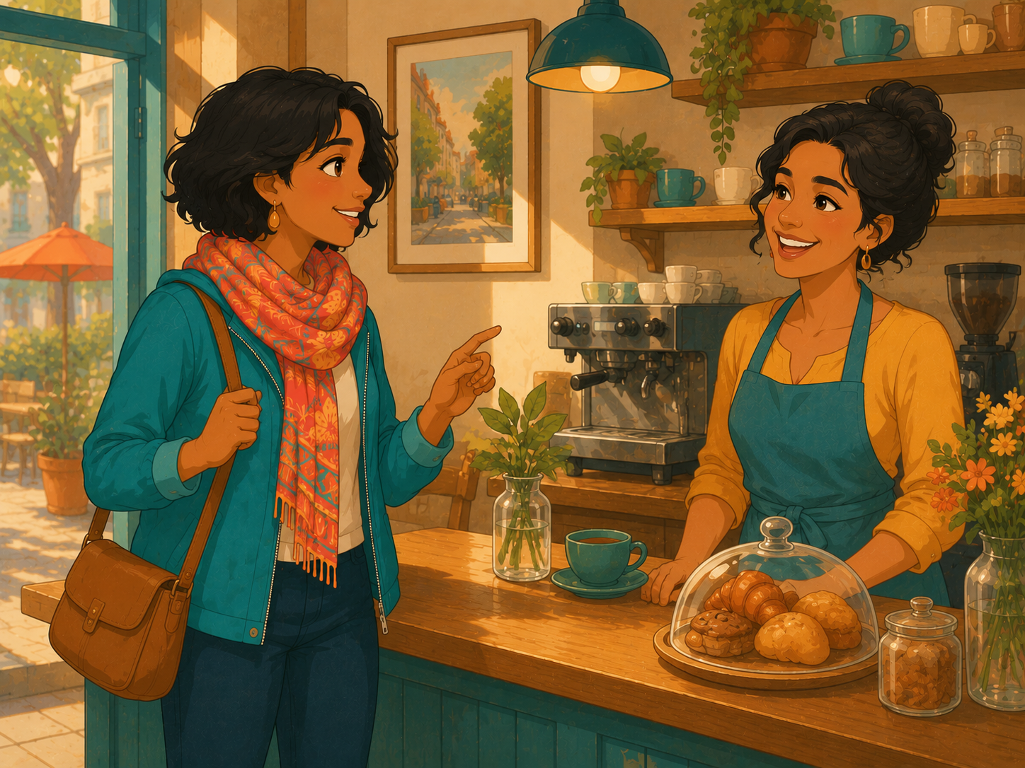 Mia orders a coffee at the café counter. Rosa, the friendly café owner, smiles.