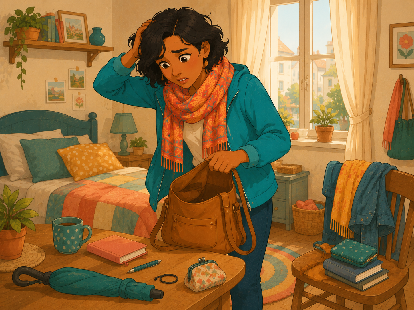 Mia looks worried, searching her room for her keys — bag open, things on the table.