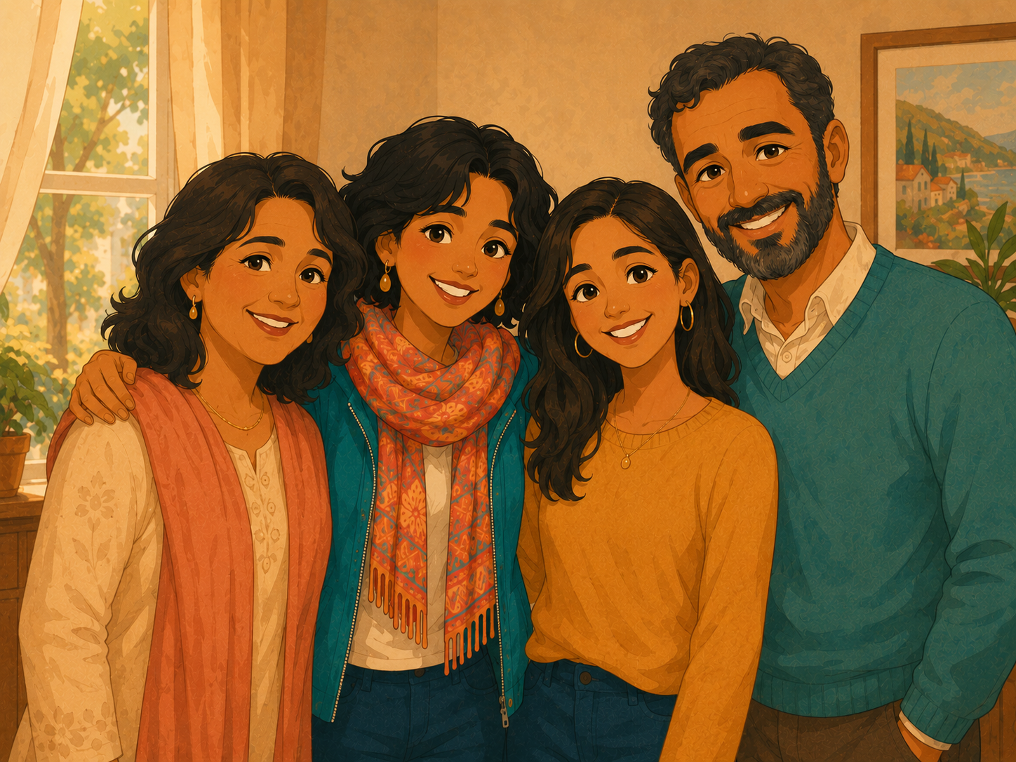 A warm illustrated family photo: a mother, a father, and two sisters, all smiling.