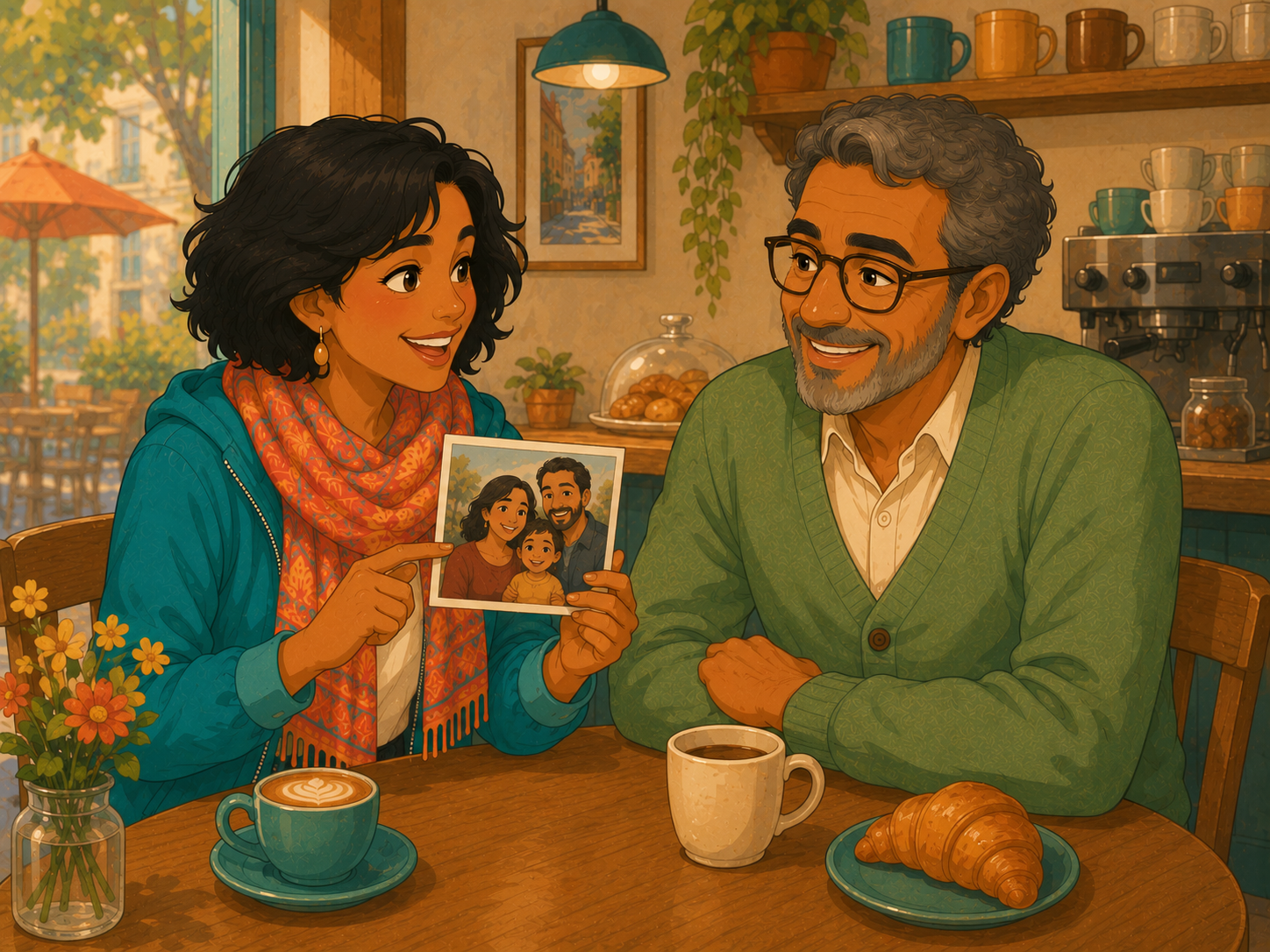 Mia and Tom sit with coffee at Rosa's café. Mia shows Tom a small family photo.