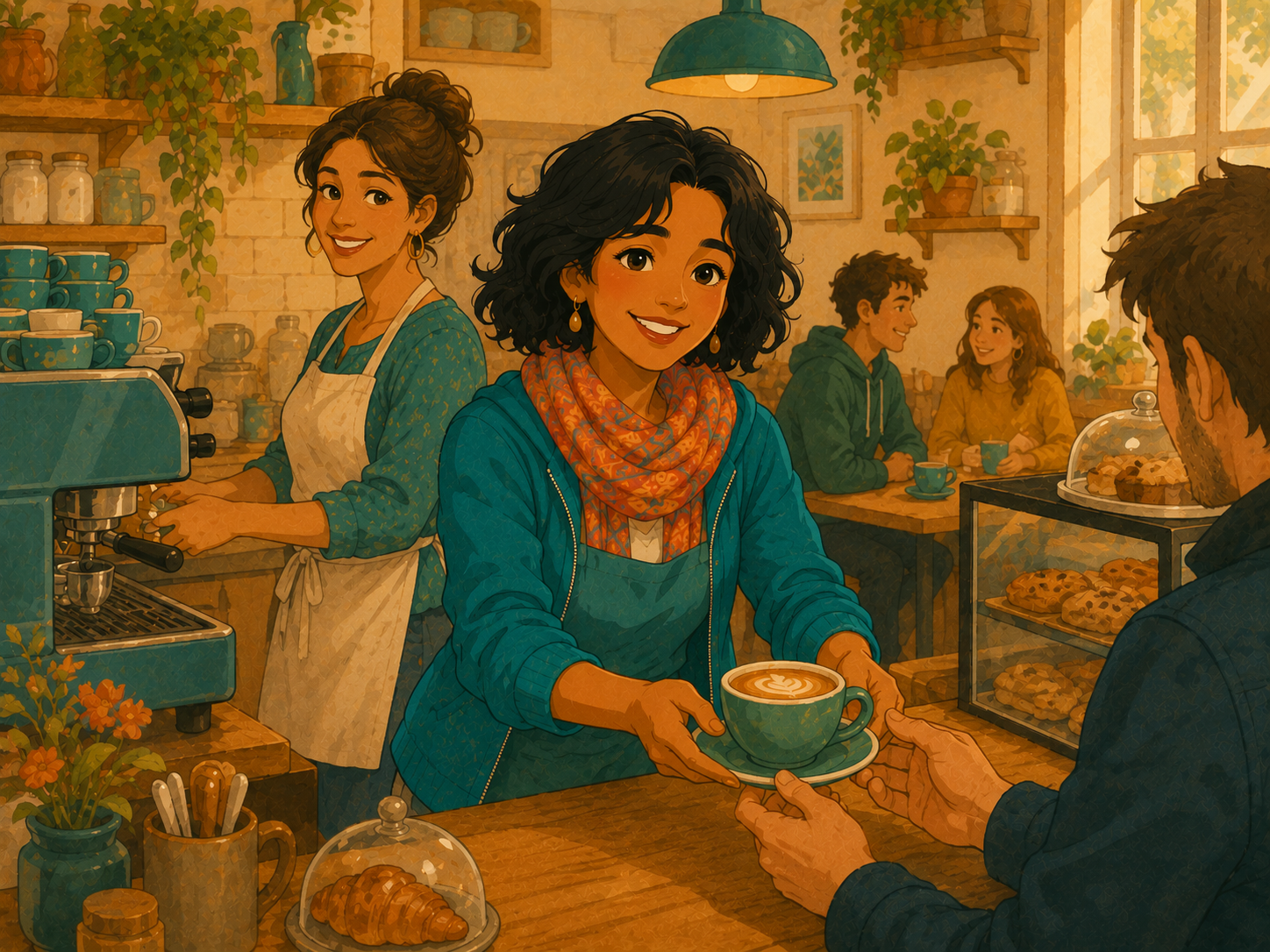 Mia happily working behind Rosa's café counter, smiling as she makes coffee.
