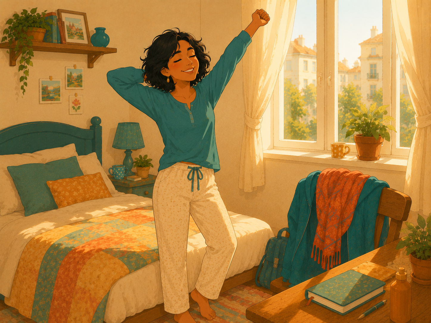 Mia gets up in the morning light, stretching by the window.