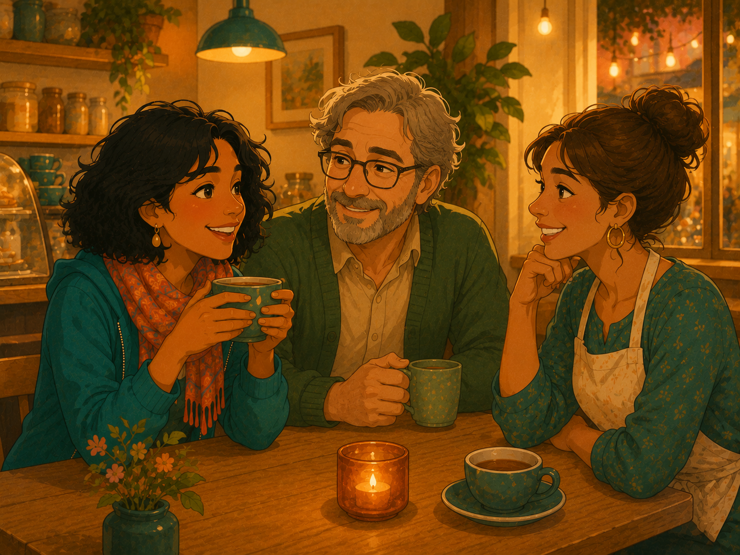 Mia, Tom and Rosa sit together at the café in the evening, chatting warmly with cups on the table.