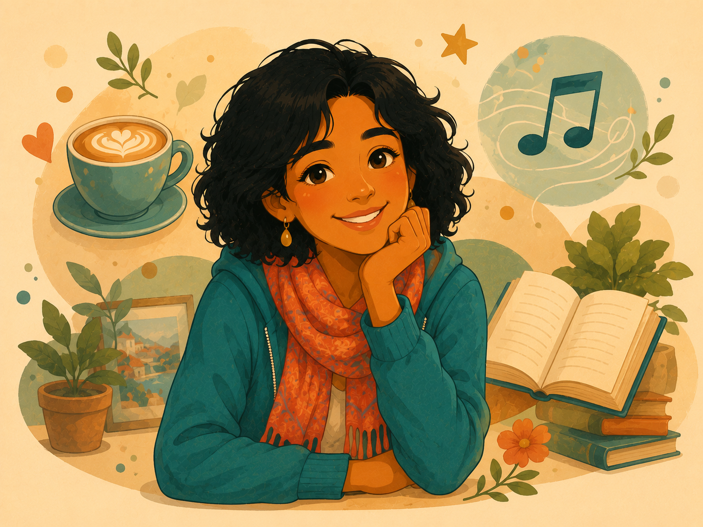 Mia smiles happily, with small friendly icons around her of the things she likes — coffee, music, and a book.