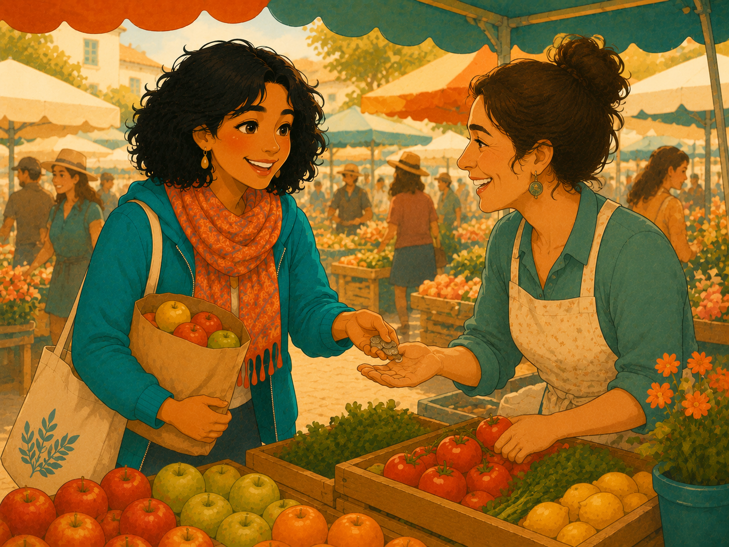 Mia hands coins to a friendly stallholder while holding a paper bag of fruit, in warm morning light.