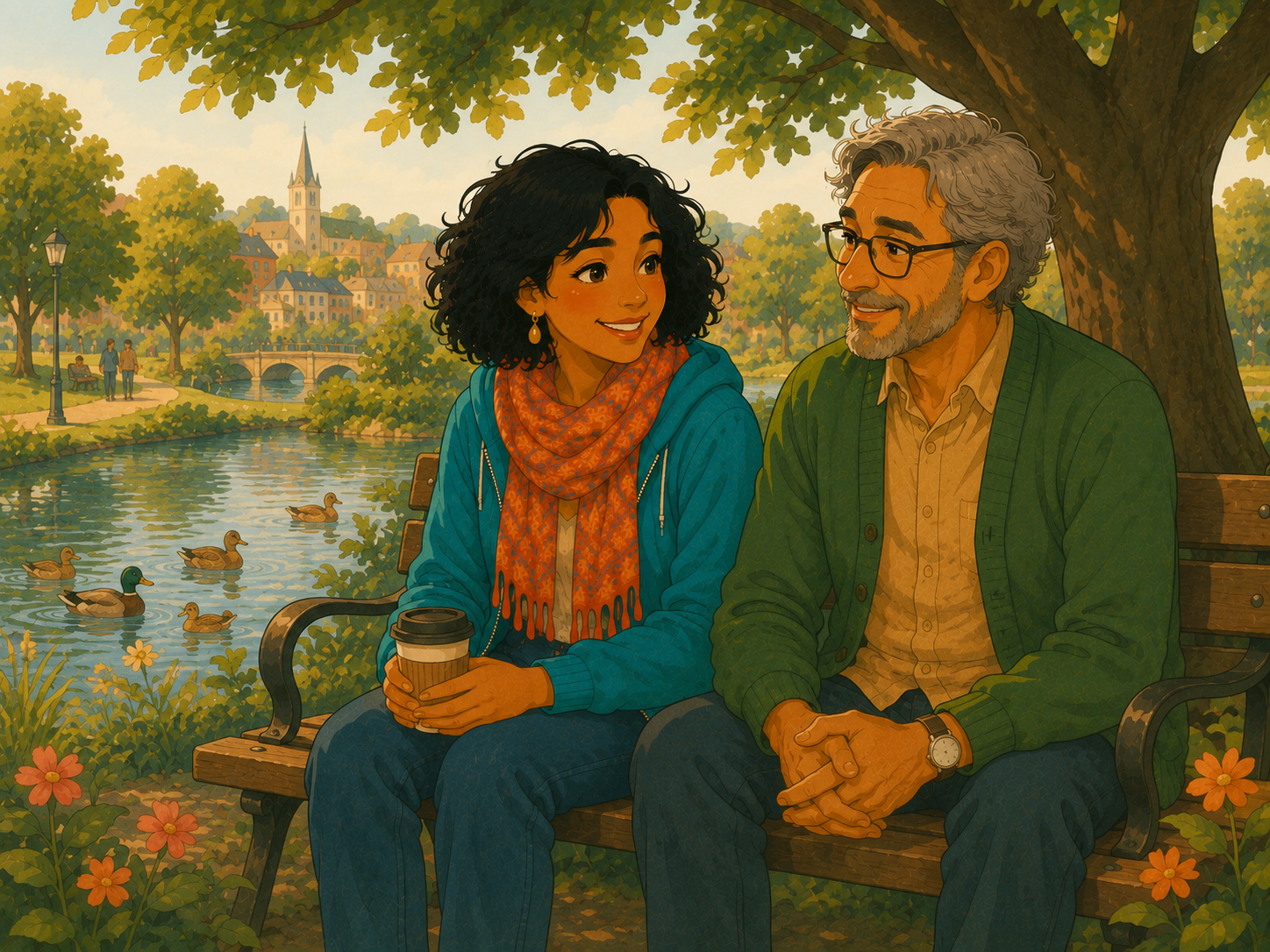 Mia and Tom sit on a park bench under a big tree, ducks on a pond in front of them.