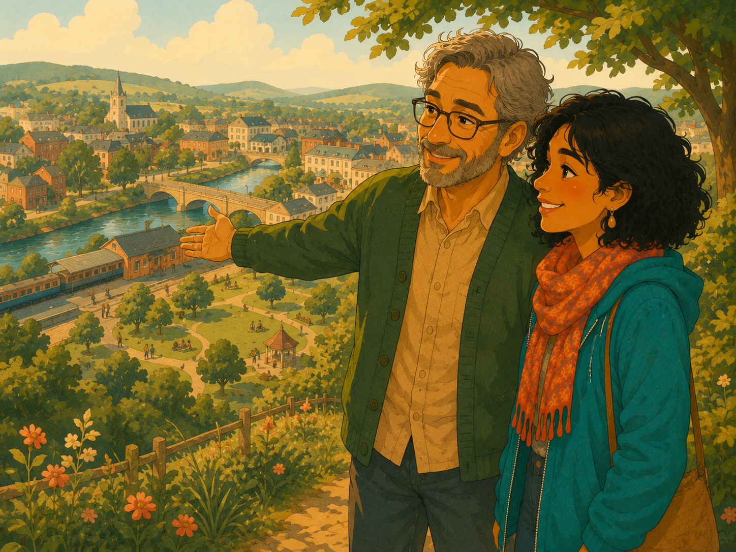 Tom shows Mia the little town from a gentle hill: a park, a bridge over a river, a small station and cosy streets below.