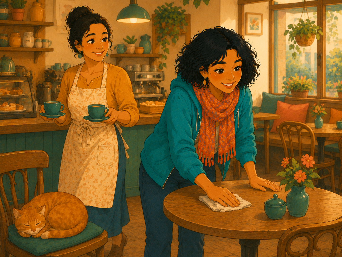 At the café, Rosa carries two cups while Mia wipes a table. A small ginger cat sleeps on a chair.
