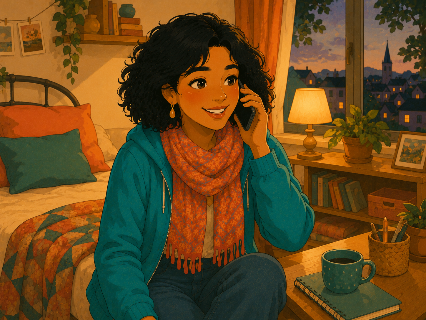 Mia in her cosy room in the evening, holding her phone to her ear and smiling, warm lamp light around her.