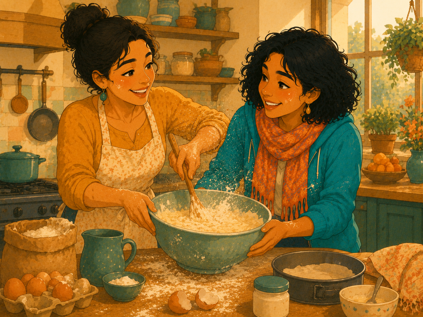 In the café kitchen, Rosa shows Mia how to mix a big bowl of cake batter — flour dust in the air, both laughing.