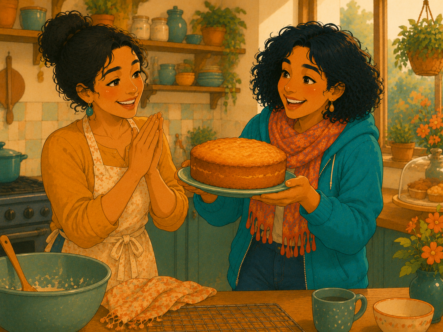 Mia proudly holds a slightly wonky but lovely cake; Rosa claps her hands.