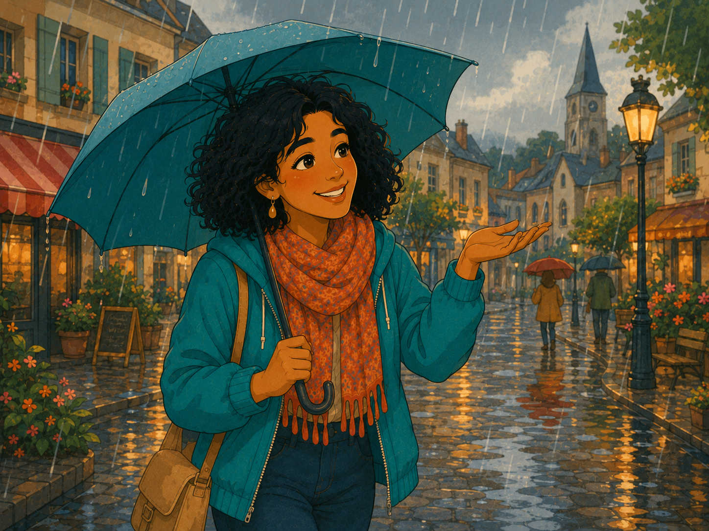Mia under a big amber umbrella on a rainy street, jumping over a puddle with a smile.