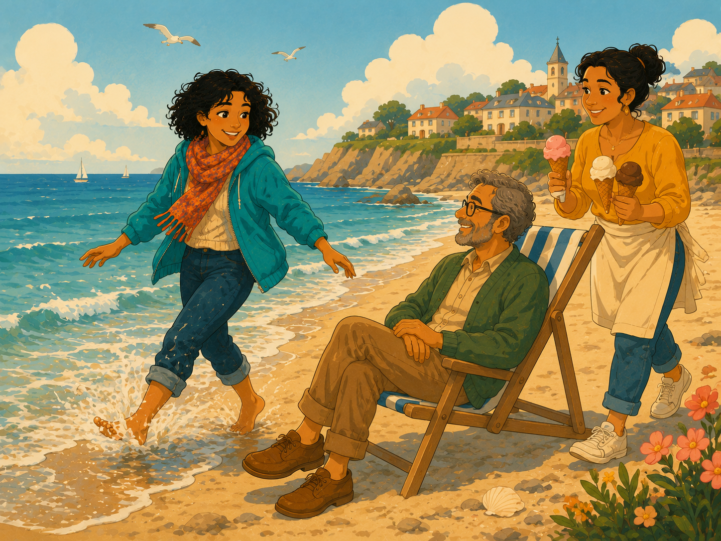 Mia, Tom and Rosa at the seaside: Mia paddles at the water's edge, Tom sits in a deckchair, Rosa holds three ice creams.