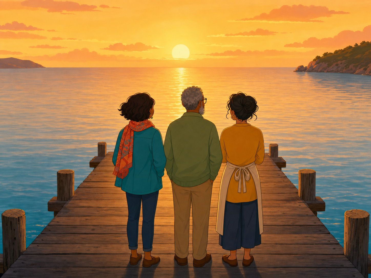 The three friends watch an amber sunset over the sea from a wooden pier, seen from behind.