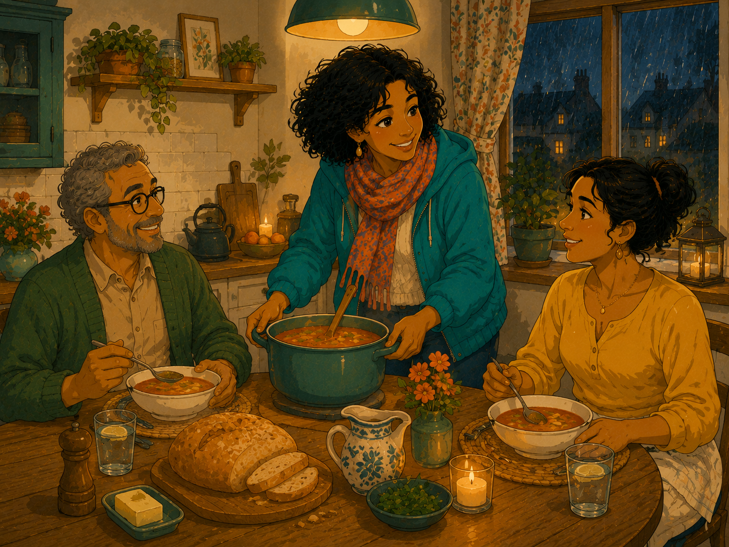 Rosa hands Mia a small decorated invitation card across the café counter. Mia's face lights up.