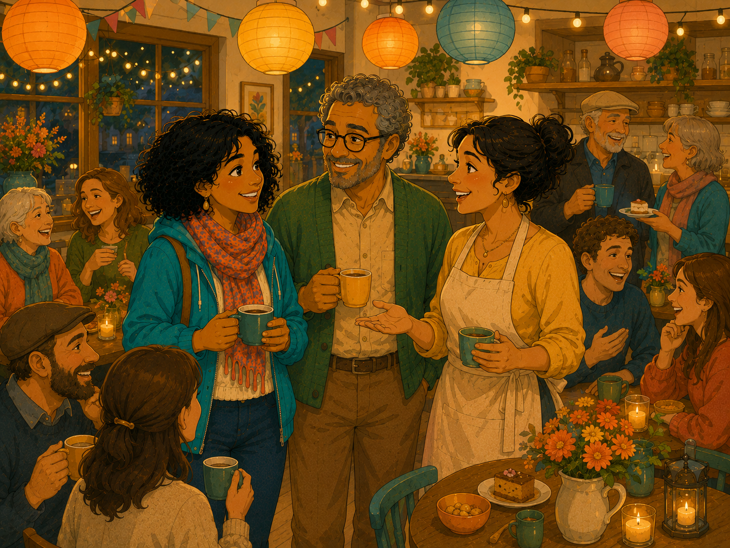 A cosy evening party in the café: paper lanterns, Mia, Tom, Rosa and friendly neighbours chatting and laughing.