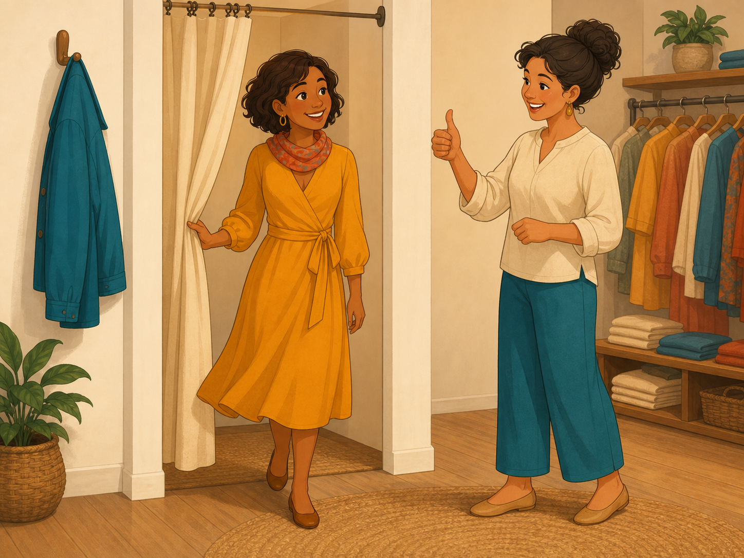 Mia steps out of the changing room in a lovely amber dress; the friendly shop assistant gives a big thumbs up.
