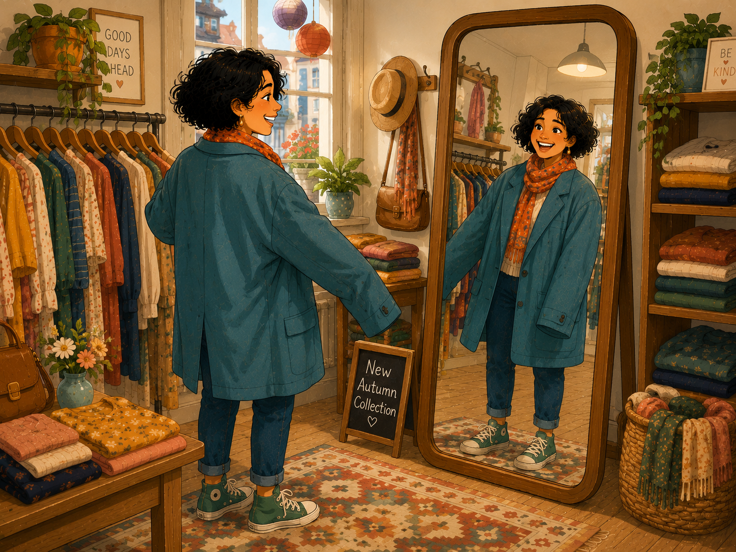 Mia in a small clothes shop, holding up a jacket that is much too big for her, laughing at the mirror.