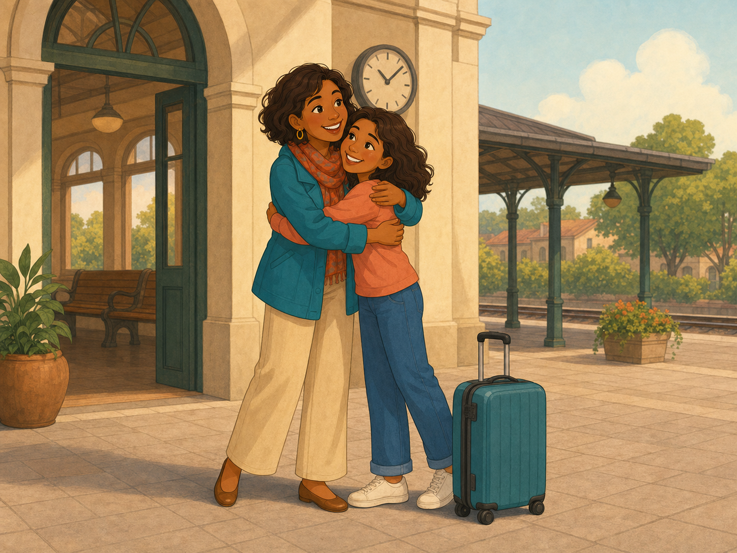 Mia and Ana hug joyfully outside the station, a suitcase beside them.
