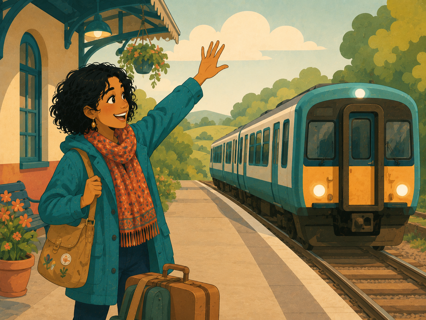 Mia waits on a small train station platform, waving excitedly as a train pulls in.