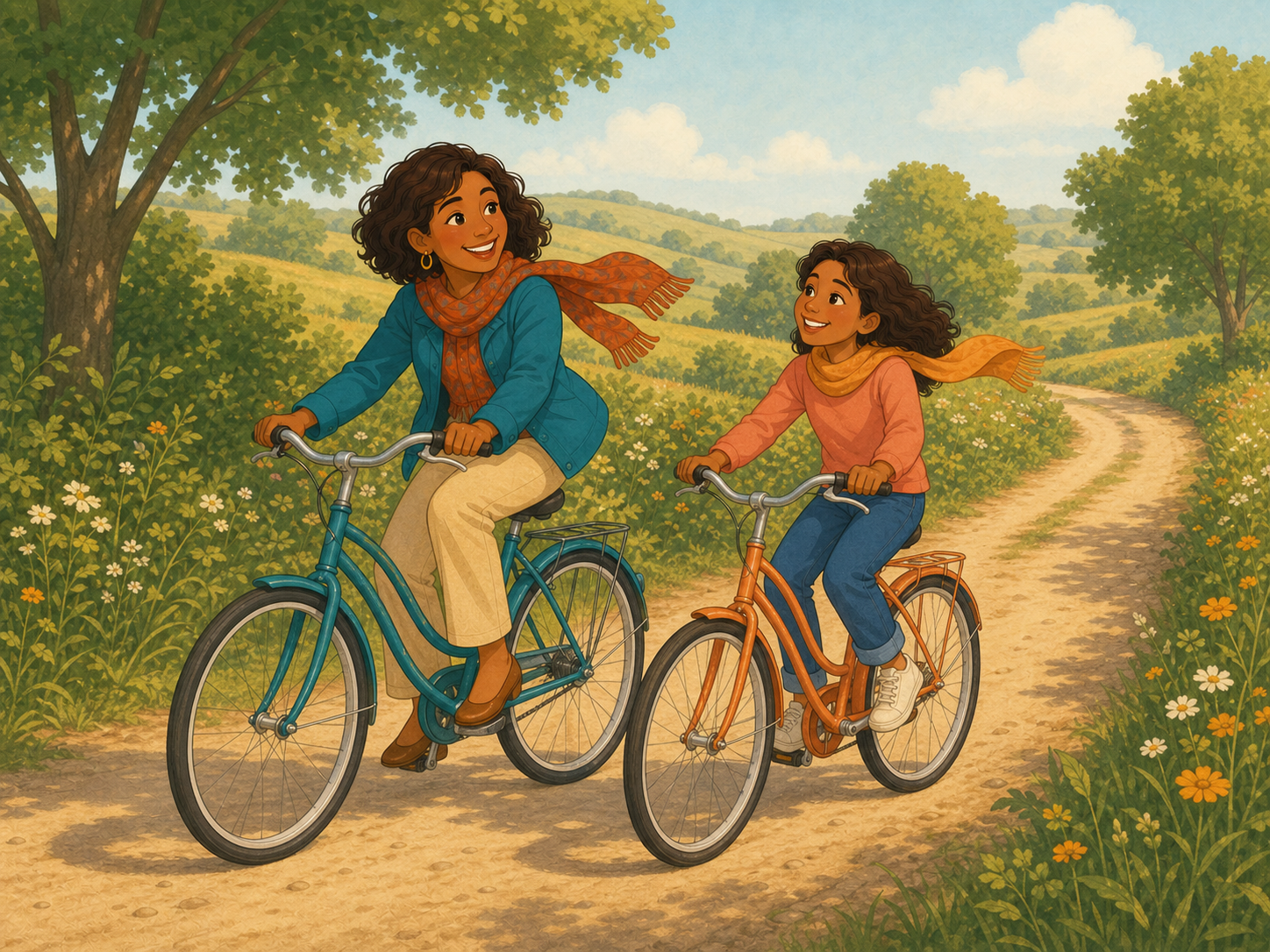 Mia and Ana riding bicycles down a sunny country lane, scarves flying.