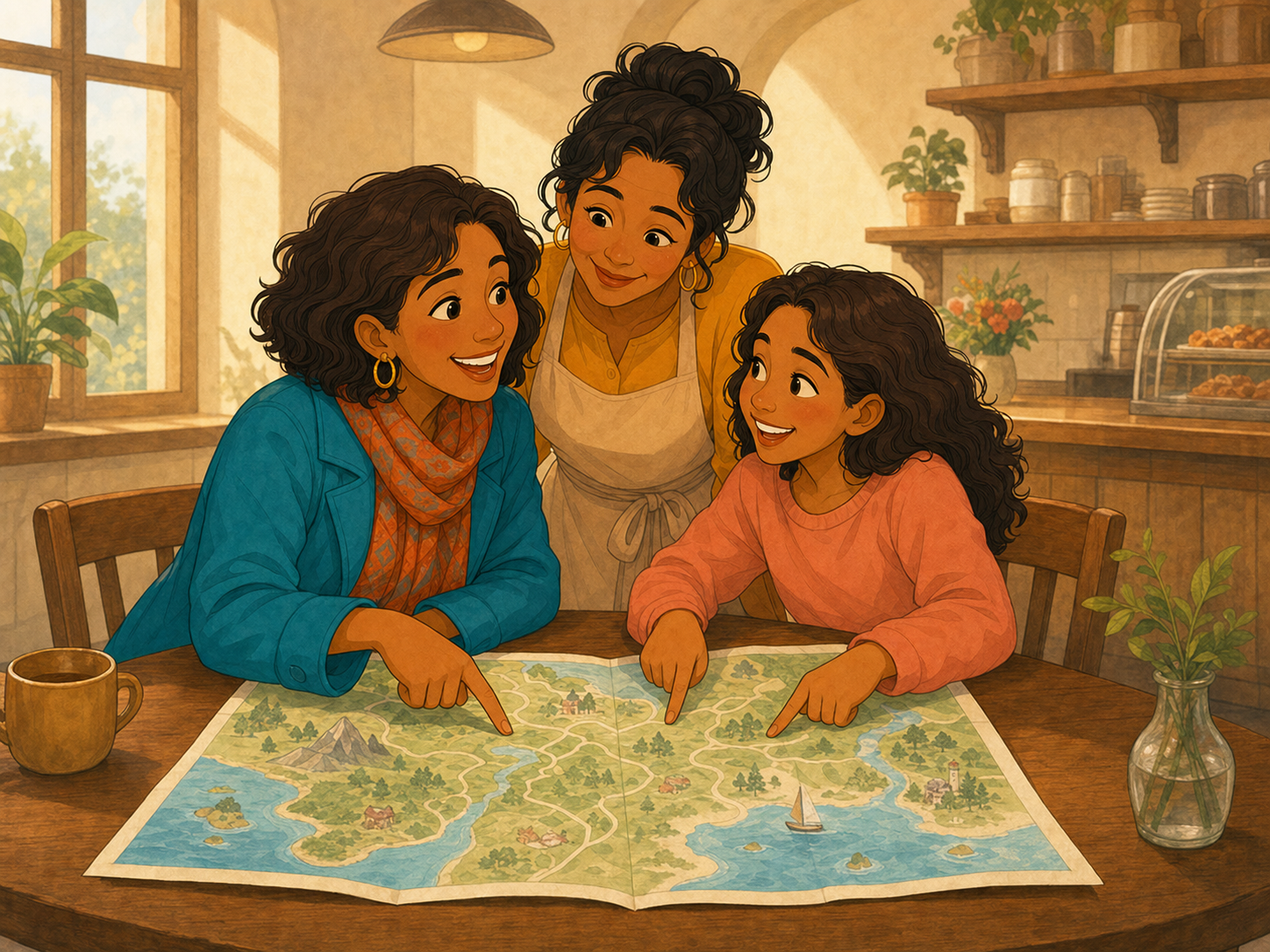 Mia and Ana at a café table with a map open between them, pointing excitedly; Rosa peeks over.
