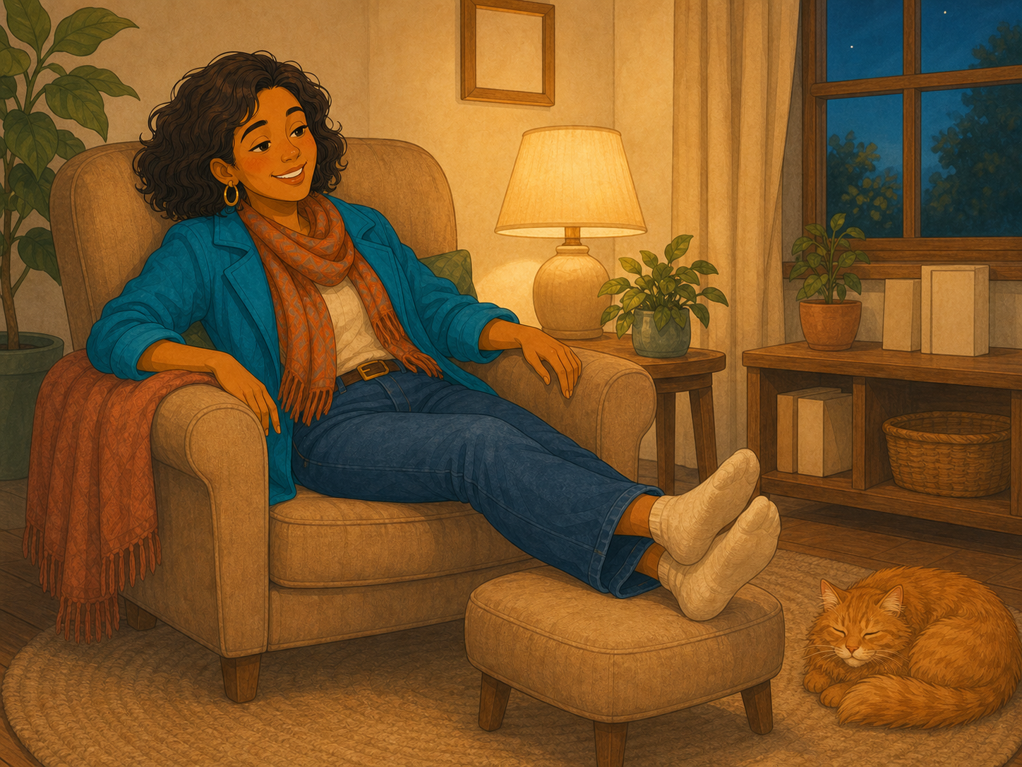 Evening: Mia flops happily into an armchair, feet up on a stool, content and tired, with the ginger cat nearby.