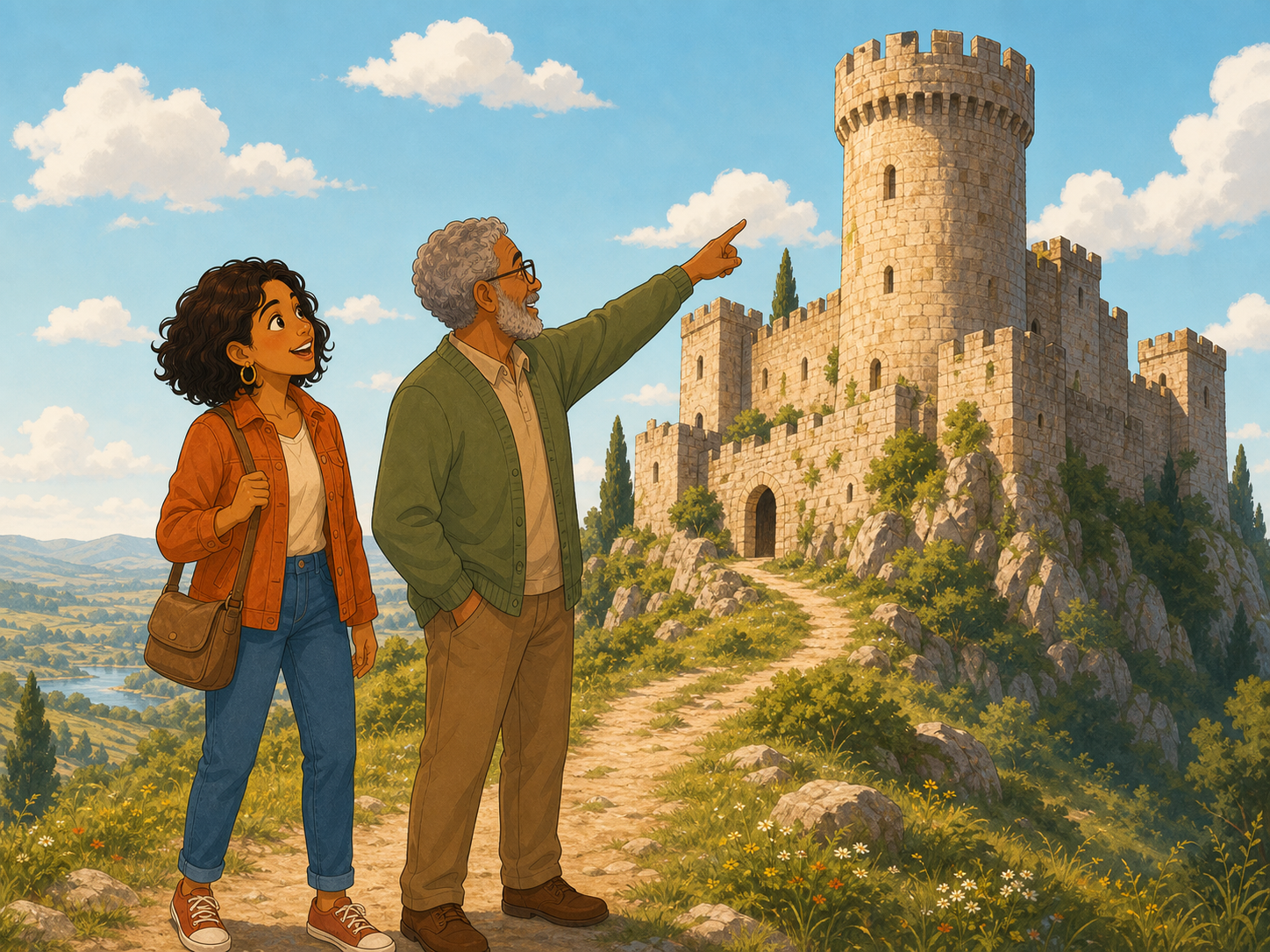 Mia and Tom visit an old stone castle on a hill. Tom points up at a tower, and Mia looks amazed.