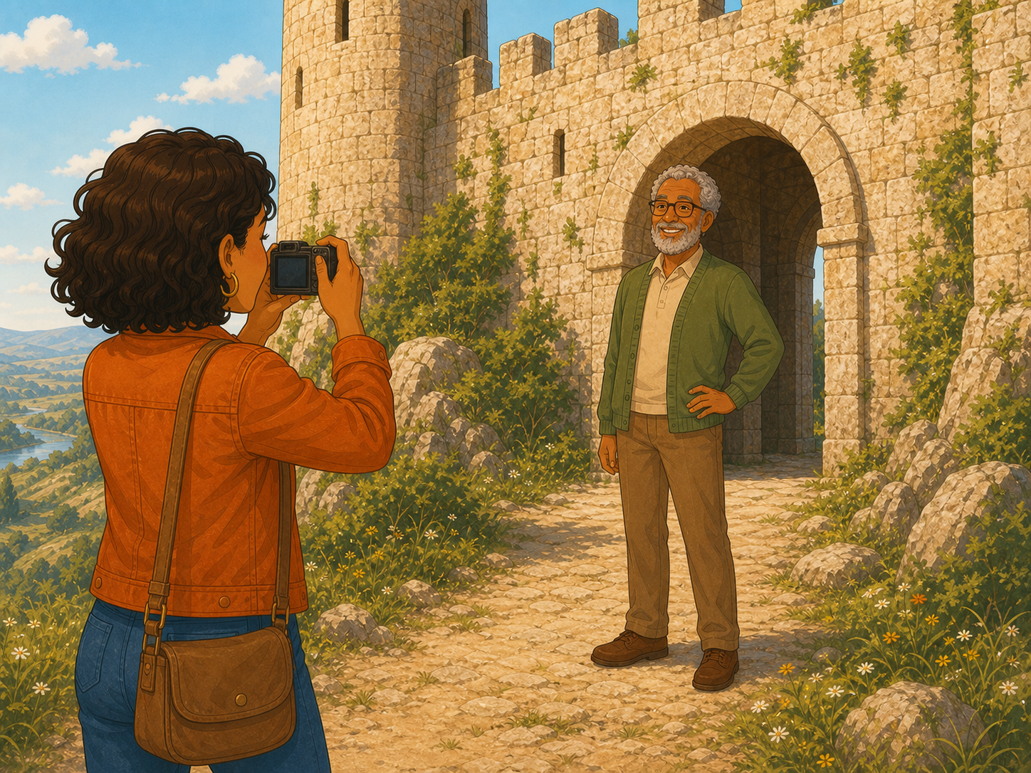 Mia takes a photo of Tom, who stands proudly in front of the old castle gate.