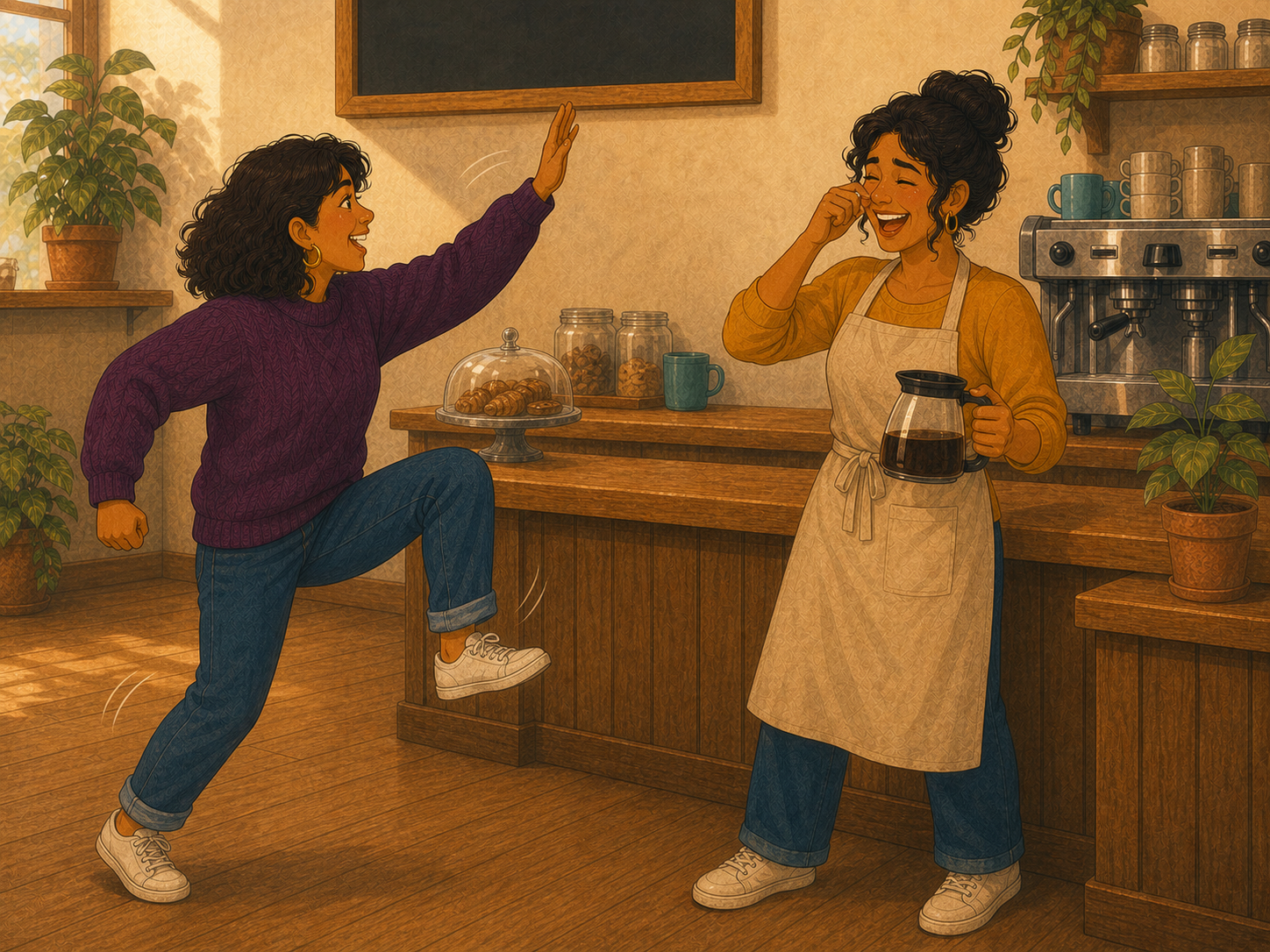 Rosa laughs so hard she wipes away a tear, coffee pot in hand, as Mia mimes climbing endless castle stairs.