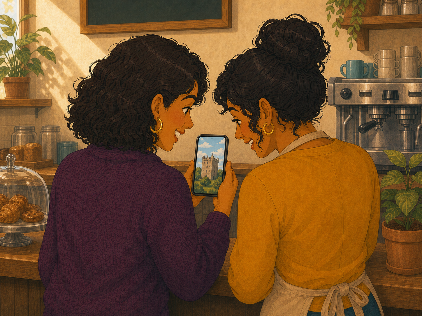 Mia shows photos on her phone to Rosa at the café counter. Both are delighted.