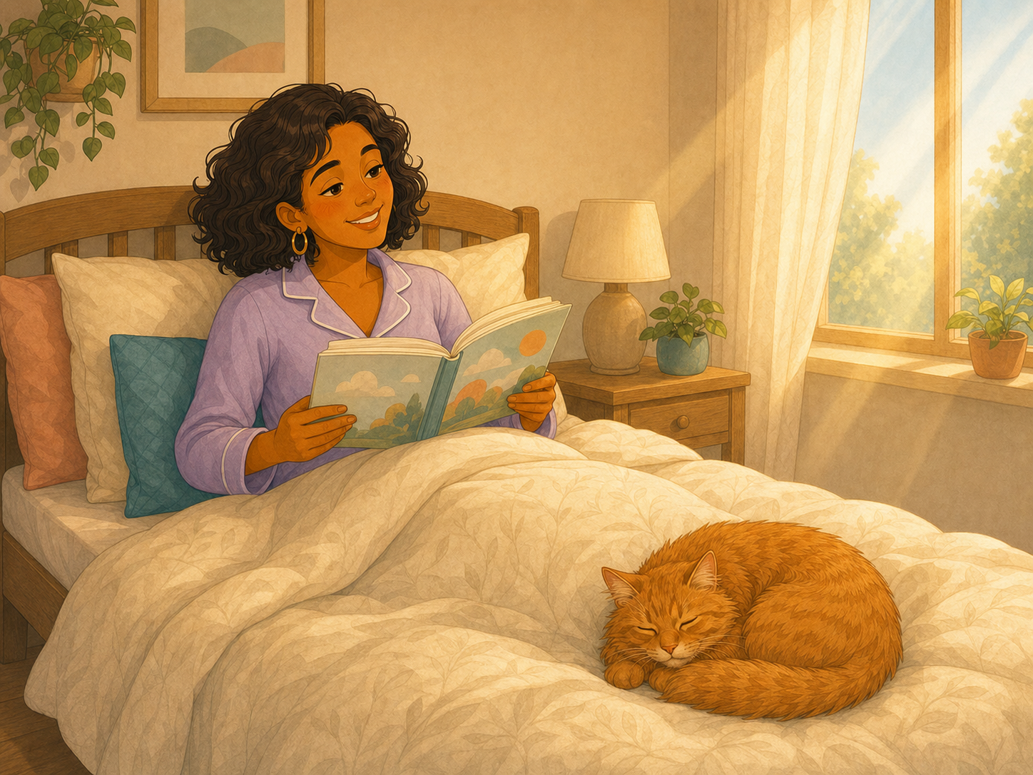 Lazy Sunday: Mia reading a book in bed, the ginger cat curled at her feet, morning light through the window.