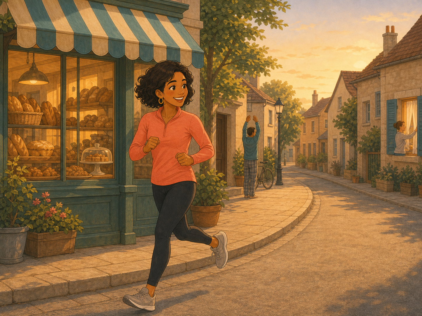 Early morning: Mia jogging past the bakery as the town wakes up behind her, soft dawn light.