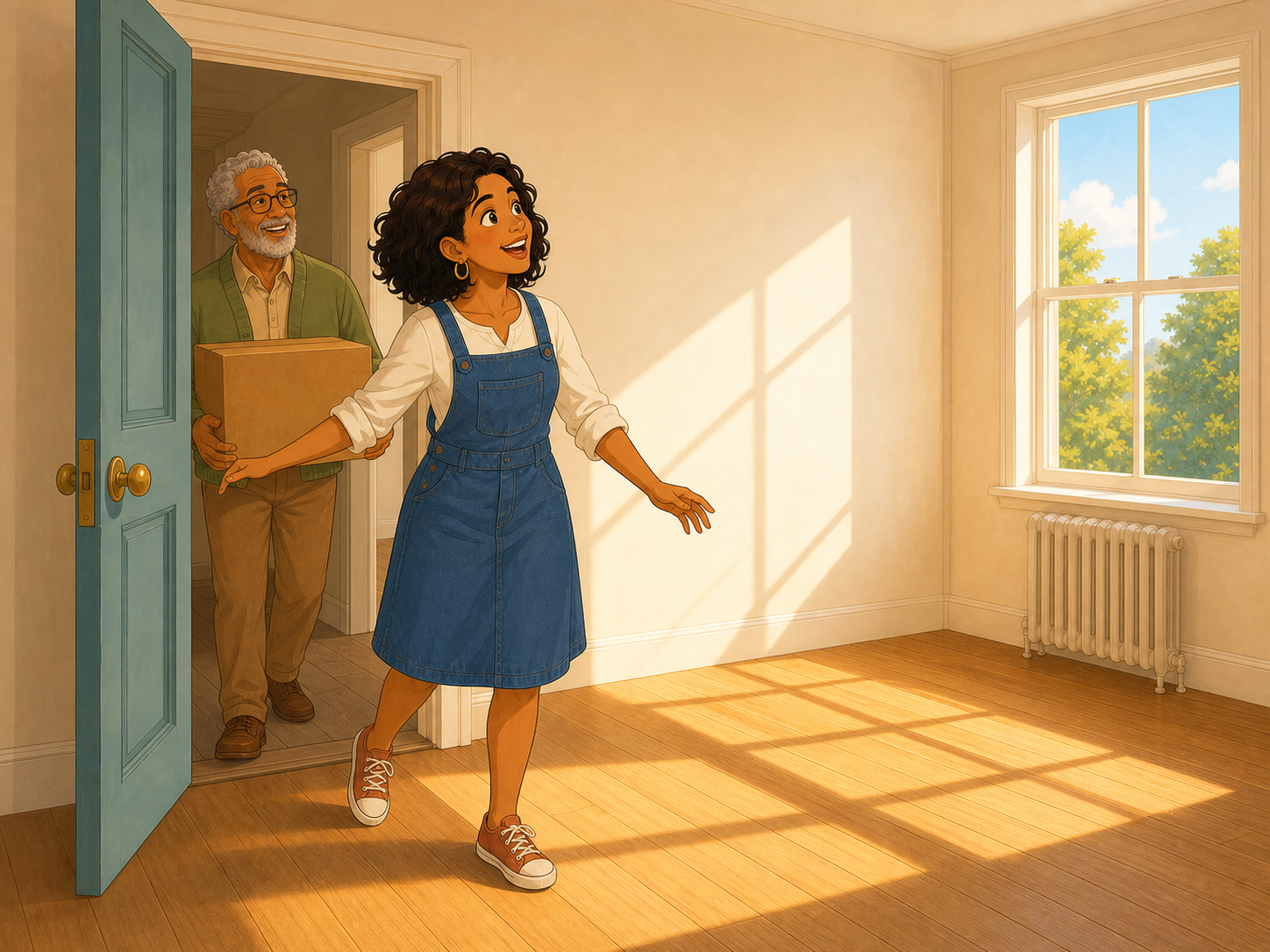 Mia opens the door of a small empty flat, light pouring in, thrilled; Tom carries a box.
