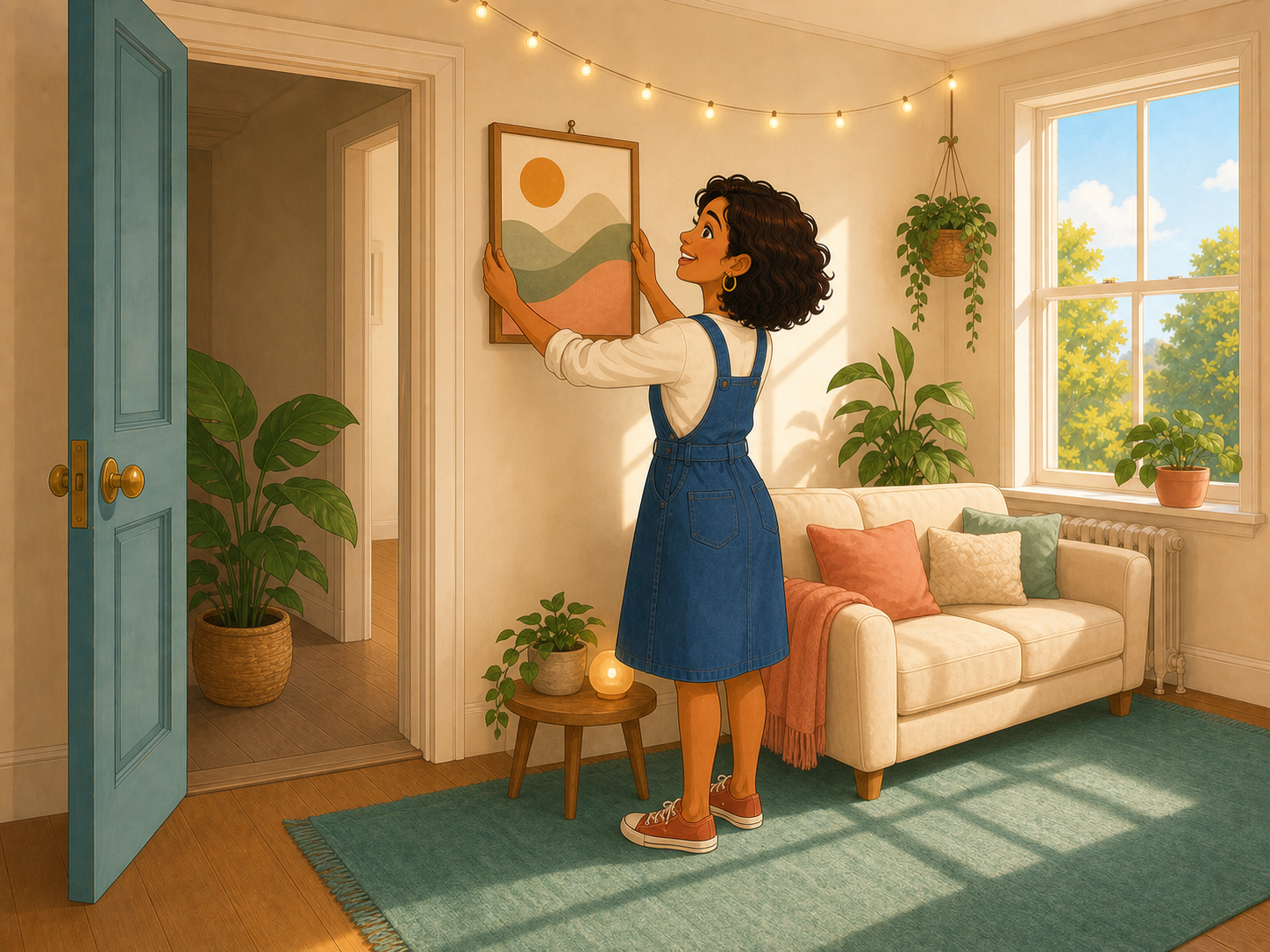 The flat is now cosy: plants, a teal rug, fairy lights; Mia hangs a picture.