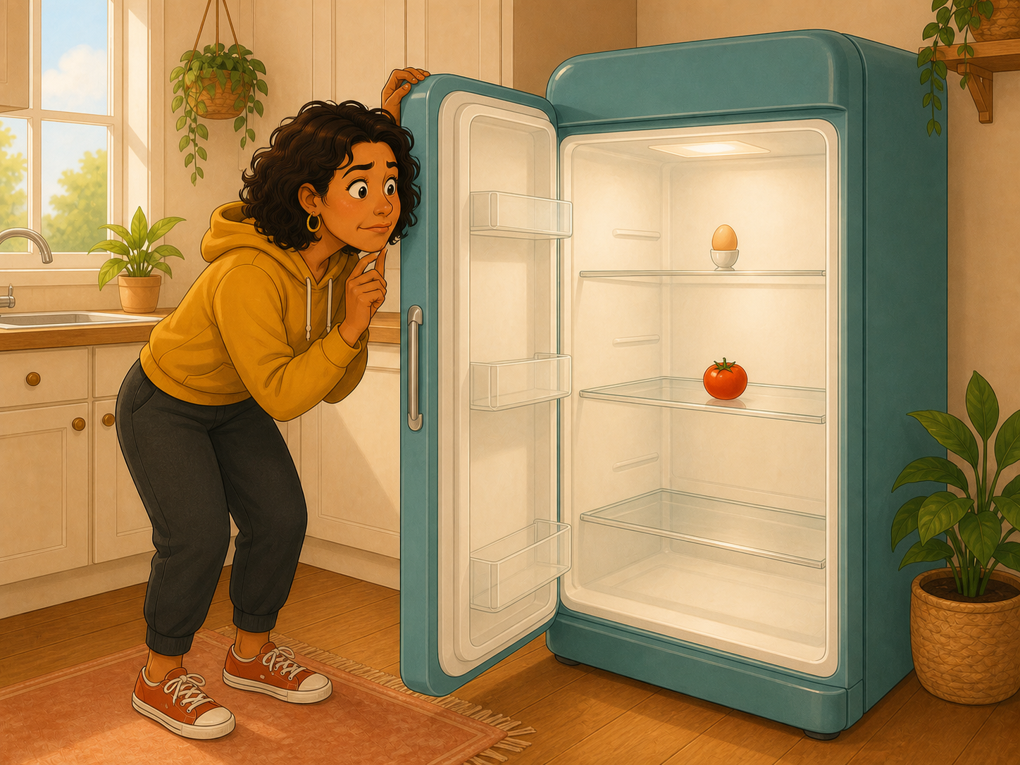 Mia peers into an almost-empty fridge — one egg, one lonely tomato — with comic dismay.