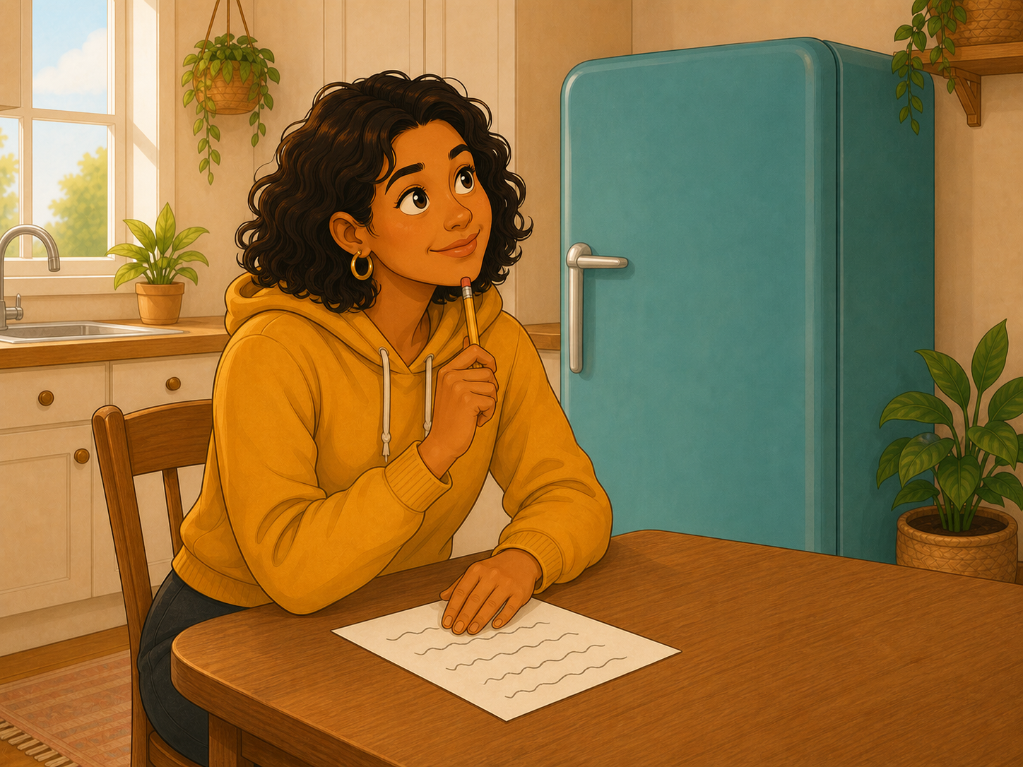 Mia writes a shopping list at her kitchen table, pencil on her chin.