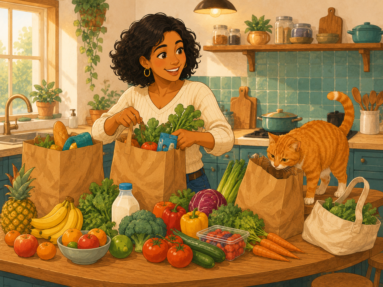 Mia's kitchen counter covered with shopping bags and colourful groceries; the ginger cat inspects a bag.