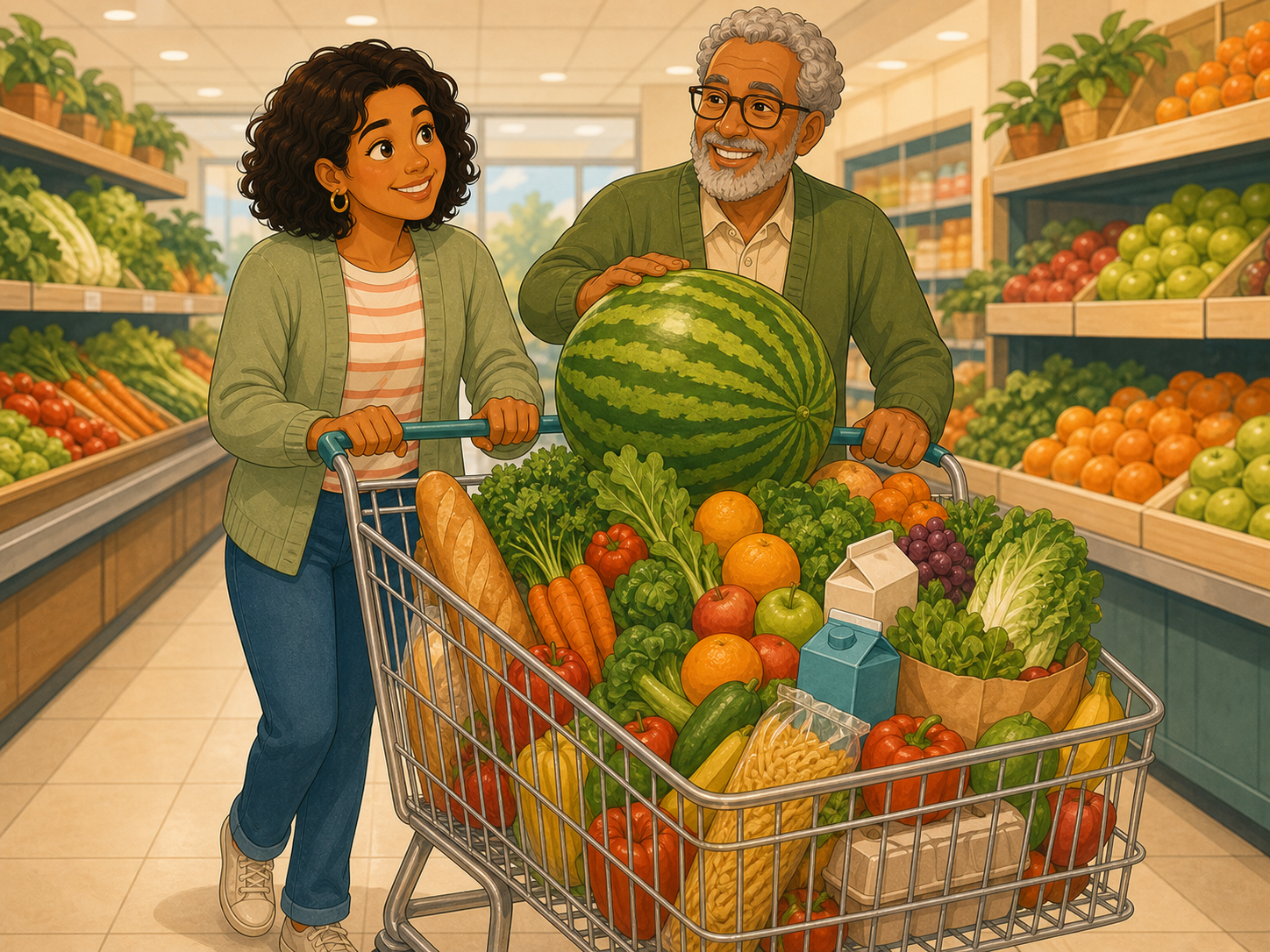 Mia and Tom push a very full supermarket trolley; Tom balances a huge watermelon on top.