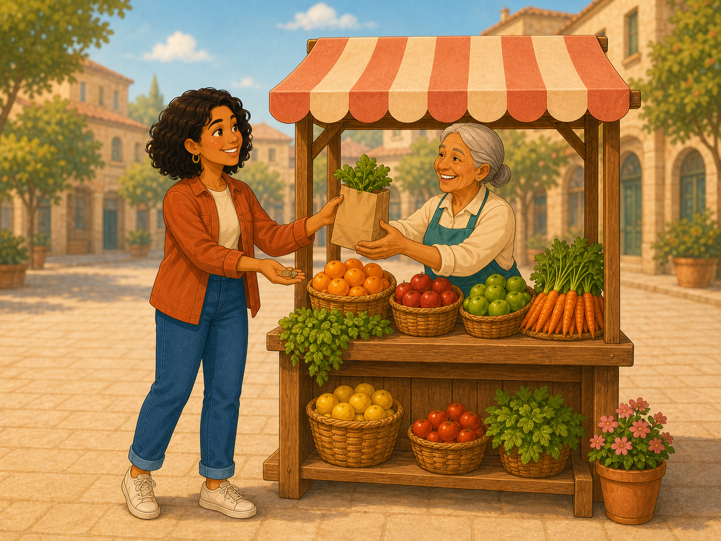 Mia happily buys from the small stall; the elderly stallholder beams.