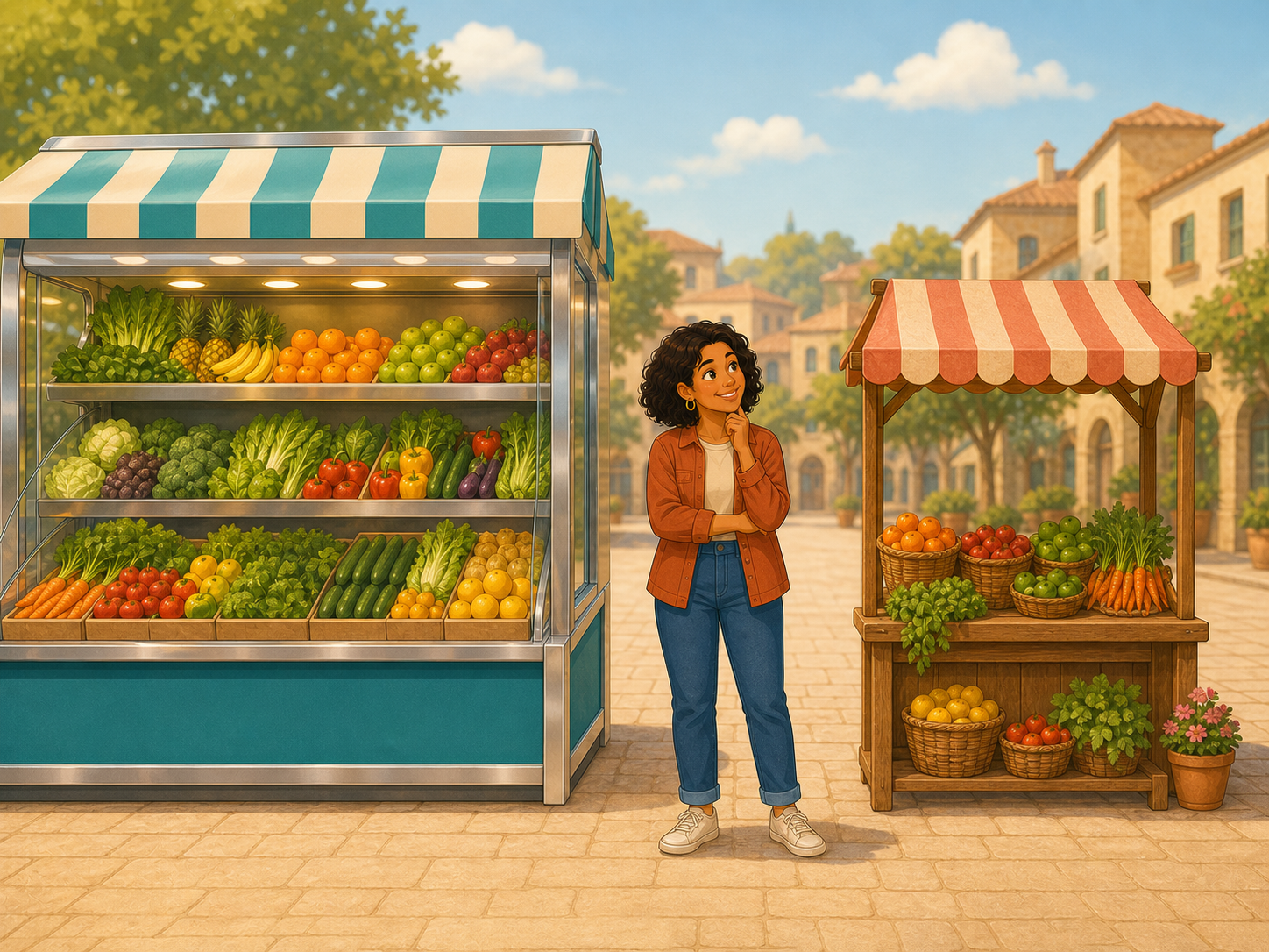 Two market stalls side by side — one big and gleaming, one small and charming; Mia stands between them thinking.