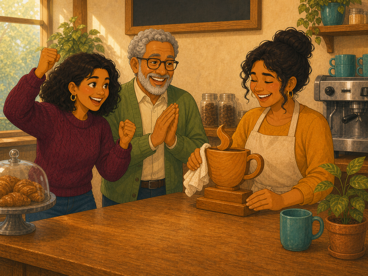 Rosa proudly polishes a little wooden coffee-cup trophy on the counter; Mia and Tom cheer.
