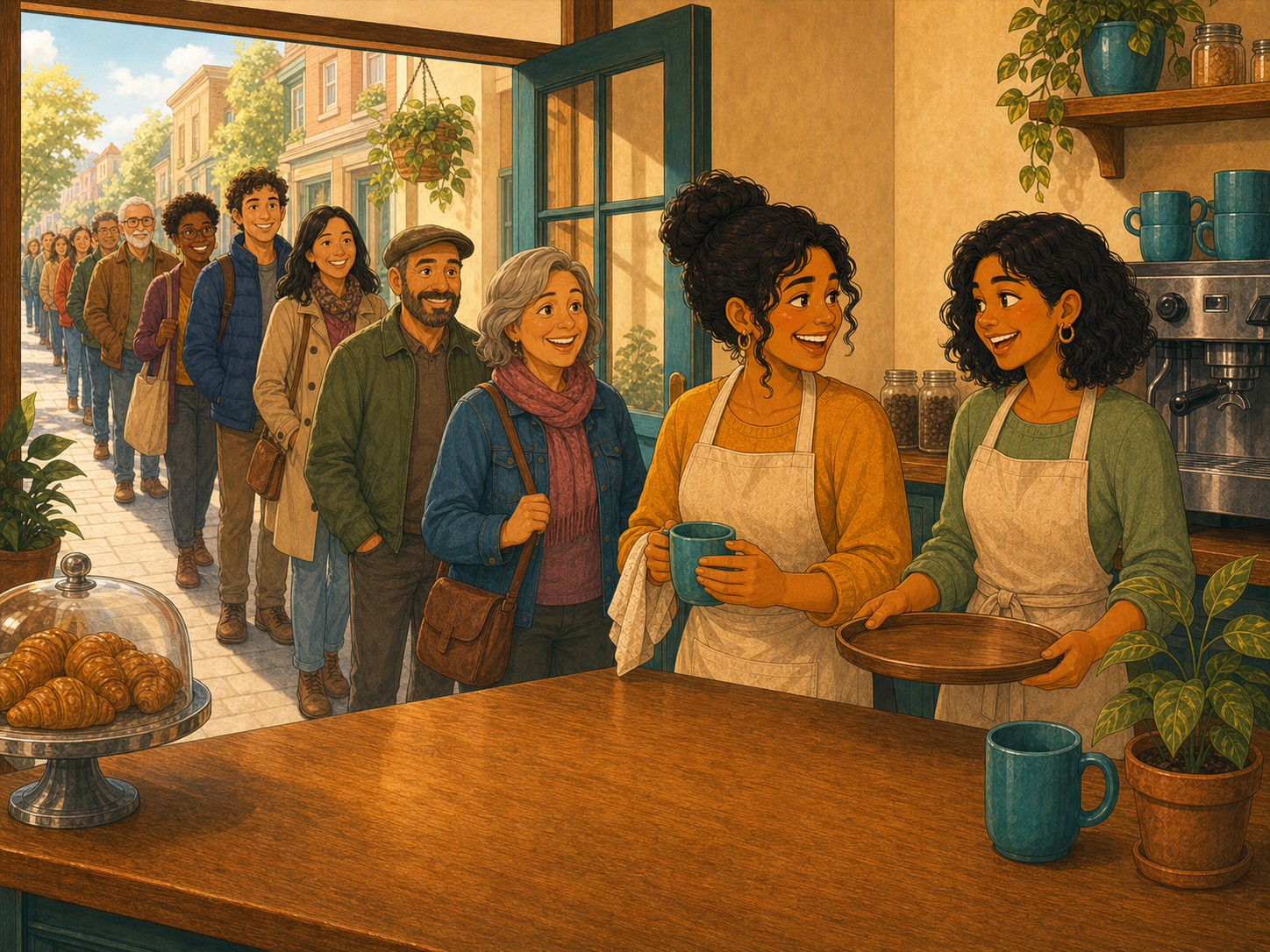 A cheerful queue of townspeople stretches out of the café door; Rosa and Mia grin behind the counter.