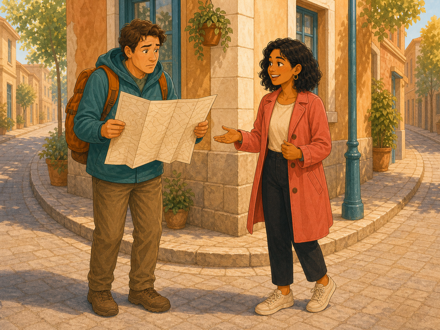 A confused tourist with a backpack holds an upside-down paper map and stops Mia on a street corner.