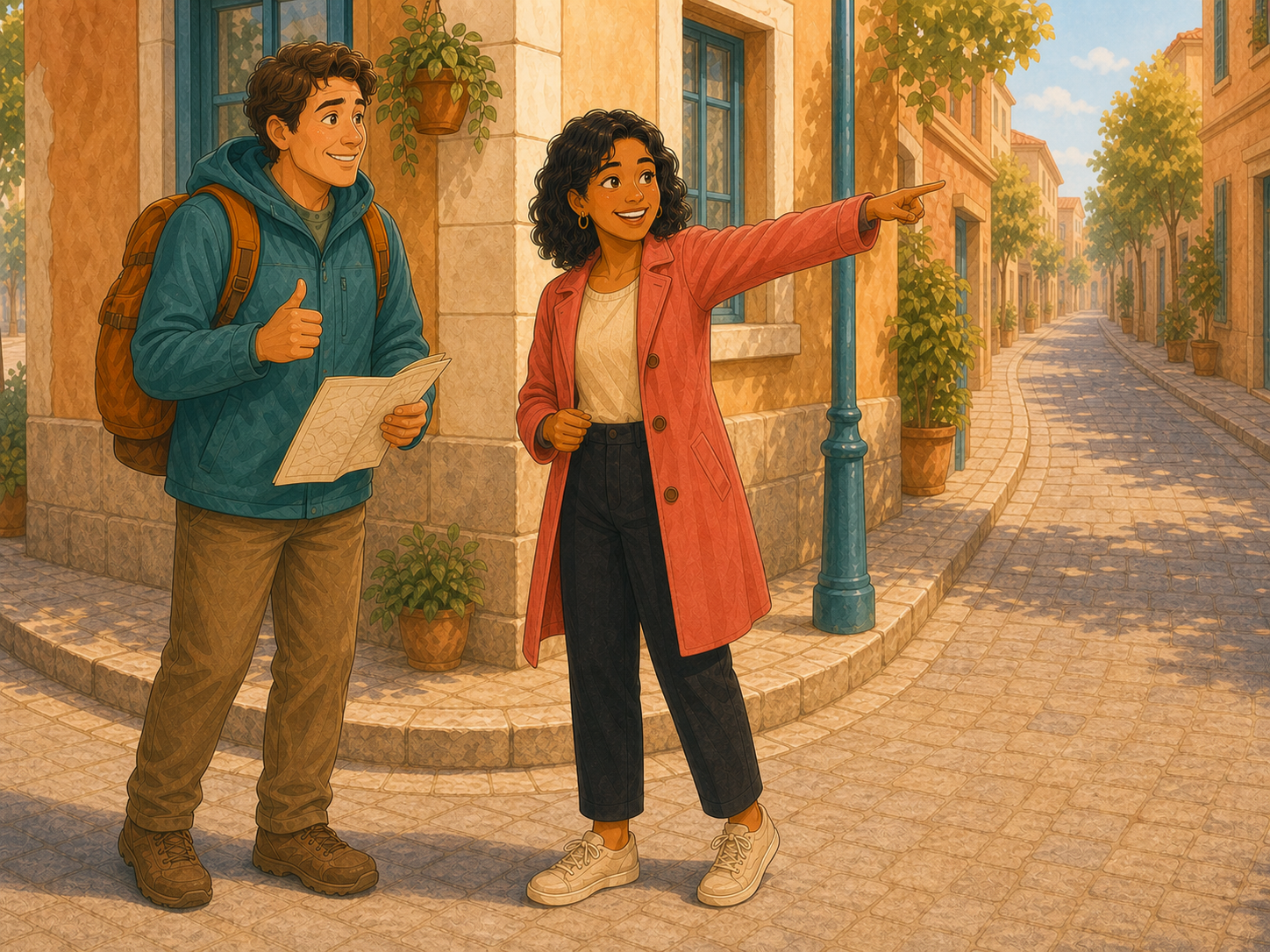 Mia confidently points the way down the street; the tourist smiles with relief.